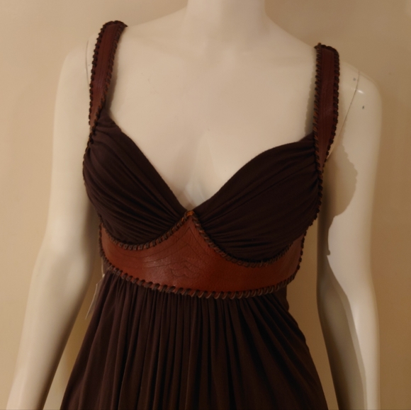 NWT Brown SKY Brand Leather Bustier Corset Mini Dress Tunic XS / 2 Fit & Flare - Picture 2 of 14